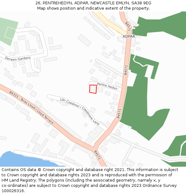 26, PENTREHEDYN, ADPAR, NEWCASTLE EMLYN, SA38 9EG: Location map and indicative extent of plot