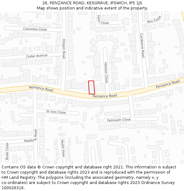 26, PENZANCE ROAD, KESGRAVE, IPSWICH, IP5 1JS: Location map and indicative extent of plot