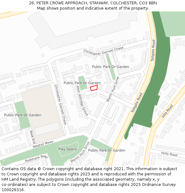26, PETER CROWE APPROACH, STANWAY, COLCHESTER, CO3 8BN: Location map and indicative extent of plot