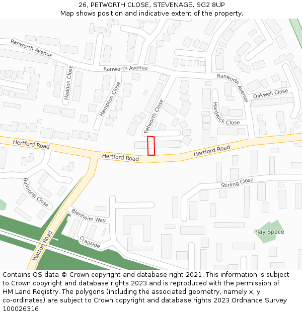 26, PETWORTH CLOSE, STEVENAGE, SG2 8UP: Location map and indicative extent of plot