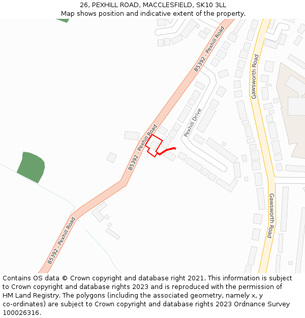 26, PEXHILL ROAD, MACCLESFIELD, SK10 3LL: Location map and indicative extent of plot