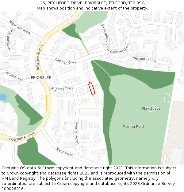 26, PITCHFORD DRIVE, PRIORSLEE, TELFORD, TF2 9SG: Location map and indicative extent of plot