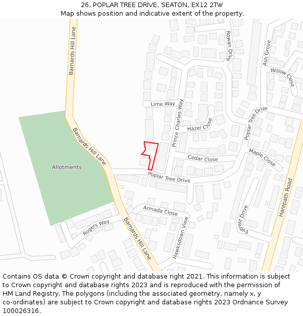 26, POPLAR TREE DRIVE, SEATON, EX12 2TW: Location map and indicative extent of plot