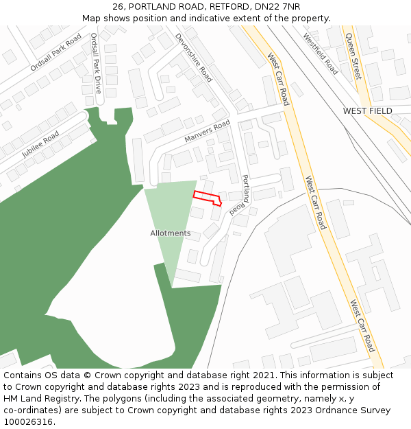 26, PORTLAND ROAD, RETFORD, DN22 7NR: Location map and indicative extent of plot