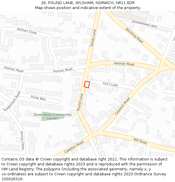 26, POUND LANE, AYLSHAM, NORWICH, NR11 6DR: Location map and indicative extent of plot