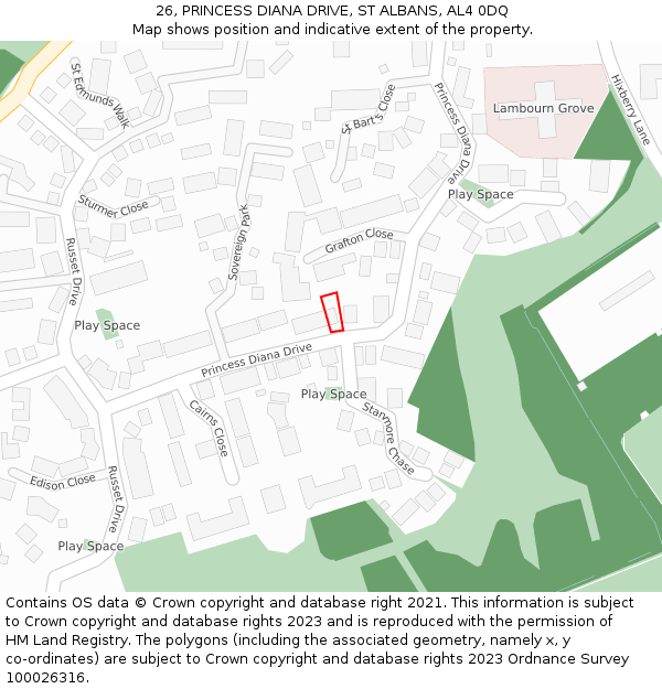 26, PRINCESS DIANA DRIVE, ST ALBANS, AL4 0DQ: Location map and indicative extent of plot