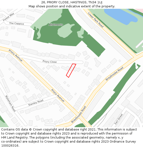 26, PRIORY CLOSE, HASTINGS, TN34 1UJ: Location map and indicative extent of plot