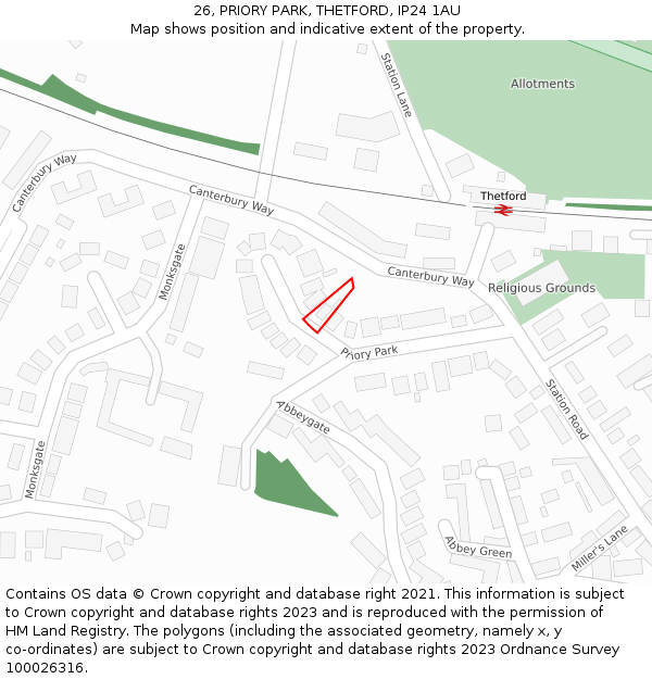 26, PRIORY PARK, THETFORD, IP24 1AU: Location map and indicative extent of plot