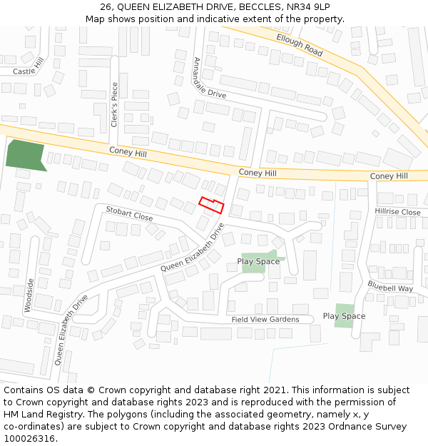 26, QUEEN ELIZABETH DRIVE, BECCLES, NR34 9LP: Location map and indicative extent of plot