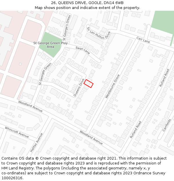 26, QUEENS DRIVE, GOOLE, DN14 6WB: Location map and indicative extent of plot