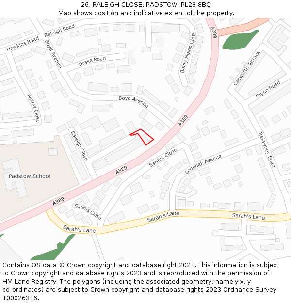 26, RALEIGH CLOSE, PADSTOW, PL28 8BQ: Location map and indicative extent of plot