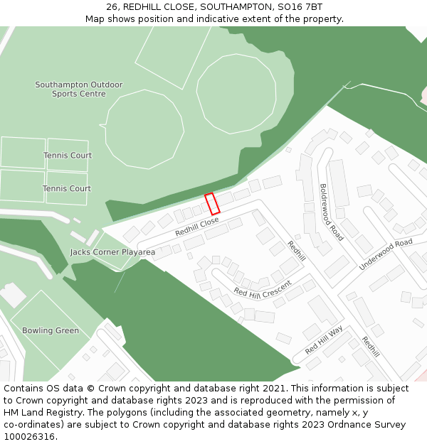 26, REDHILL CLOSE, SOUTHAMPTON, SO16 7BT: Location map and indicative extent of plot