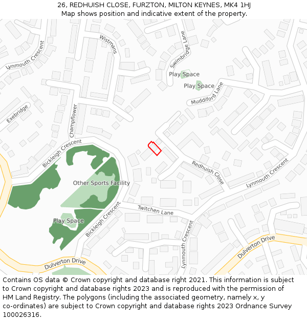 26, REDHUISH CLOSE, FURZTON, MILTON KEYNES, MK4 1HJ: Location map and indicative extent of plot