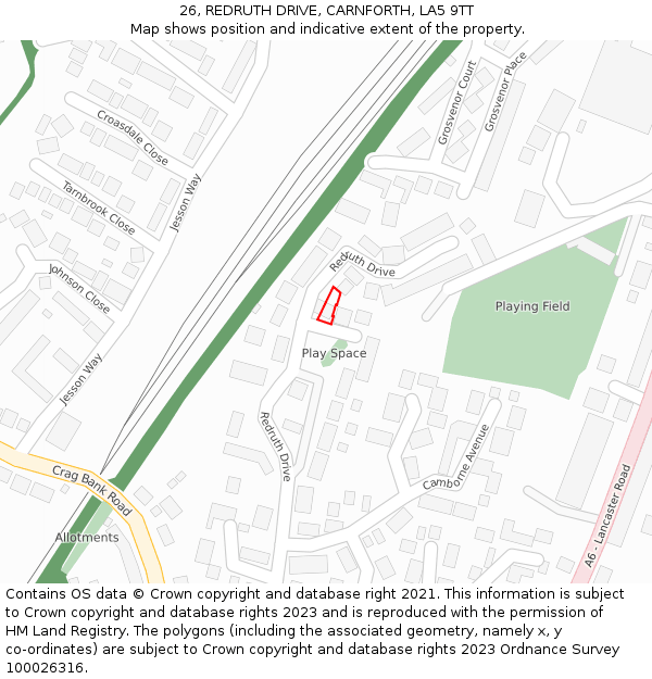26, REDRUTH DRIVE, CARNFORTH, LA5 9TT: Location map and indicative extent of plot