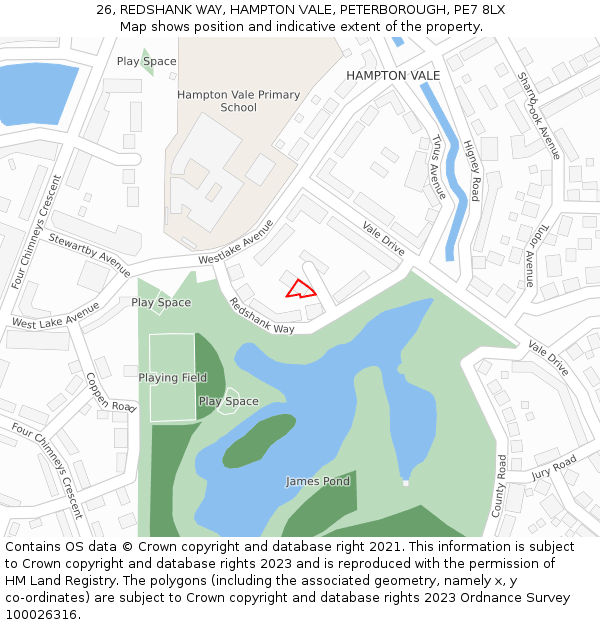 26, REDSHANK WAY, HAMPTON VALE, PETERBOROUGH, PE7 8LX: Location map and indicative extent of plot