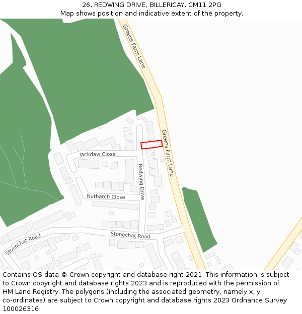 26, REDWING DRIVE, BILLERICAY, CM11 2PG: Location map and indicative extent of plot