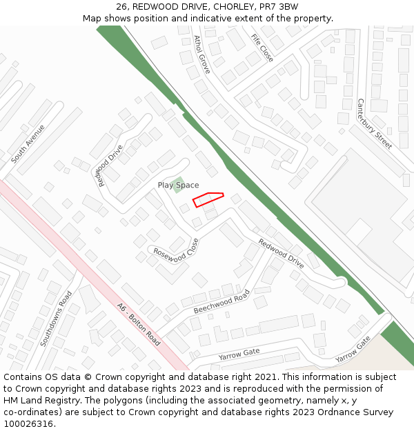 26, REDWOOD DRIVE, CHORLEY, PR7 3BW: Location map and indicative extent of plot