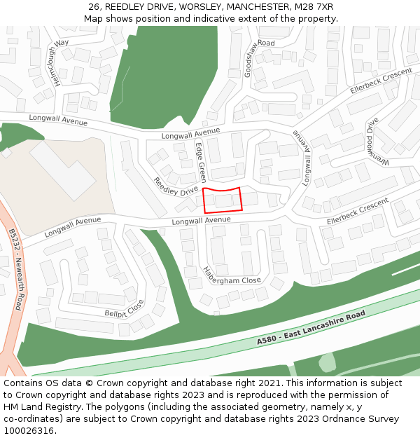 26, REEDLEY DRIVE, WORSLEY, MANCHESTER, M28 7XR: Location map and indicative extent of plot