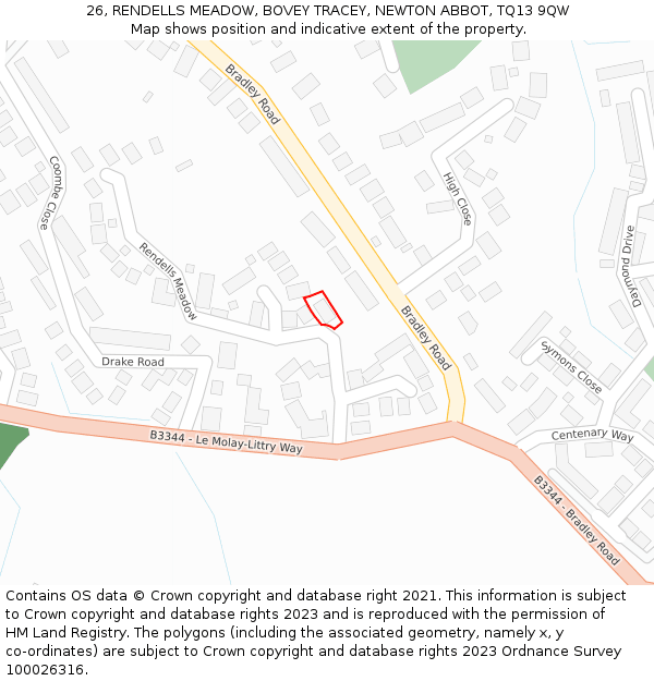 26, RENDELLS MEADOW, BOVEY TRACEY, NEWTON ABBOT, TQ13 9QW: Location map and indicative extent of plot