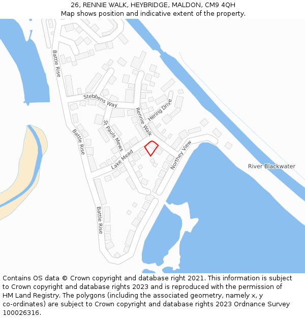 26, RENNIE WALK, HEYBRIDGE, MALDON, CM9 4QH: Location map and indicative extent of plot