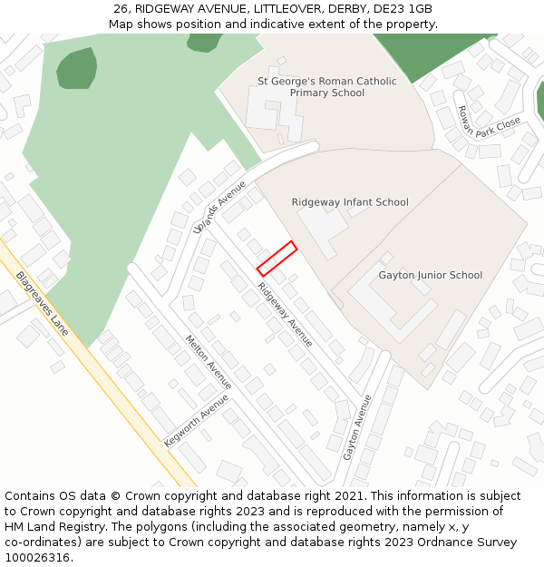26, RIDGEWAY AVENUE, LITTLEOVER, DERBY, DE23 1GB: Location map and indicative extent of plot