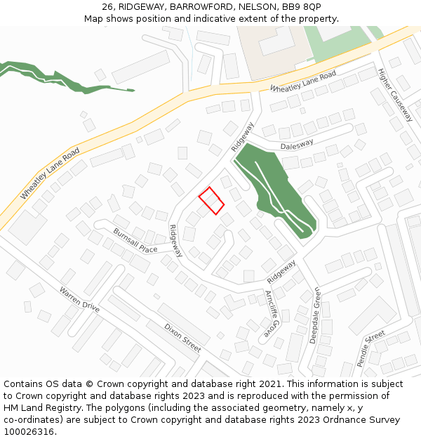 26, RIDGEWAY, BARROWFORD, NELSON, BB9 8QP: Location map and indicative extent of plot