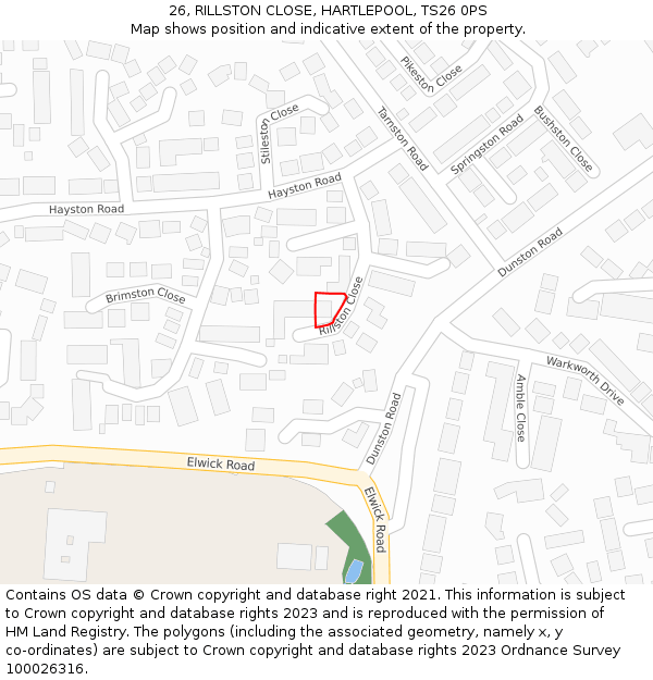 26, RILLSTON CLOSE, HARTLEPOOL, TS26 0PS: Location map and indicative extent of plot