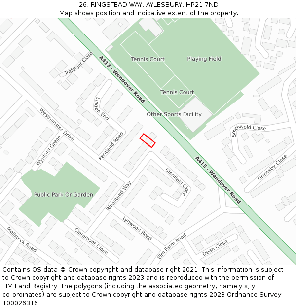 26, RINGSTEAD WAY, AYLESBURY, HP21 7ND: Location map and indicative extent of plot