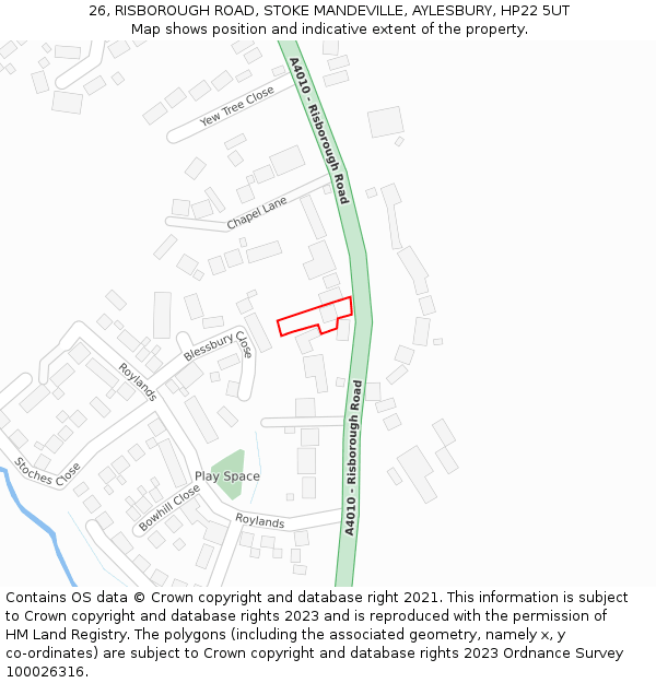 26, RISBOROUGH ROAD, STOKE MANDEVILLE, AYLESBURY, HP22 5UT: Location map and indicative extent of plot