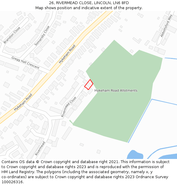 26, RIVERMEAD CLOSE, LINCOLN, LN6 8FD: Location map and indicative extent of plot