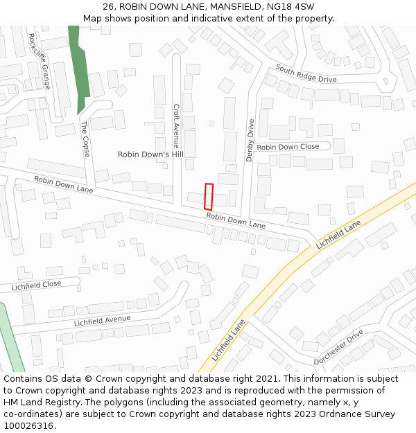 26, ROBIN DOWN LANE, MANSFIELD, NG18 4SW: Location map and indicative extent of plot