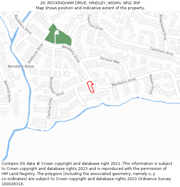 26, ROCKINGHAM DRIVE, HINDLEY, WIGAN, WN2 3NF: Location map and indicative extent of plot