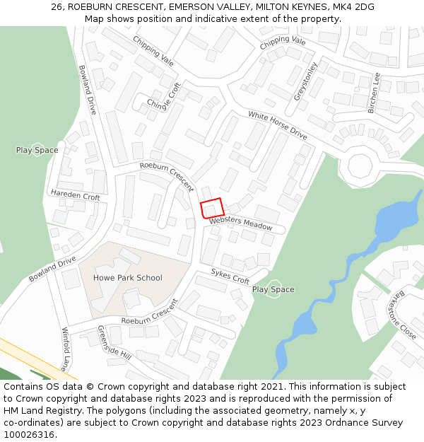 26, ROEBURN CRESCENT, EMERSON VALLEY, MILTON KEYNES, MK4 2DG: Location map and indicative extent of plot