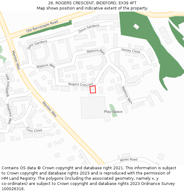 26, ROGERS CRESCENT, BIDEFORD, EX39 4FT: Location map and indicative extent of plot