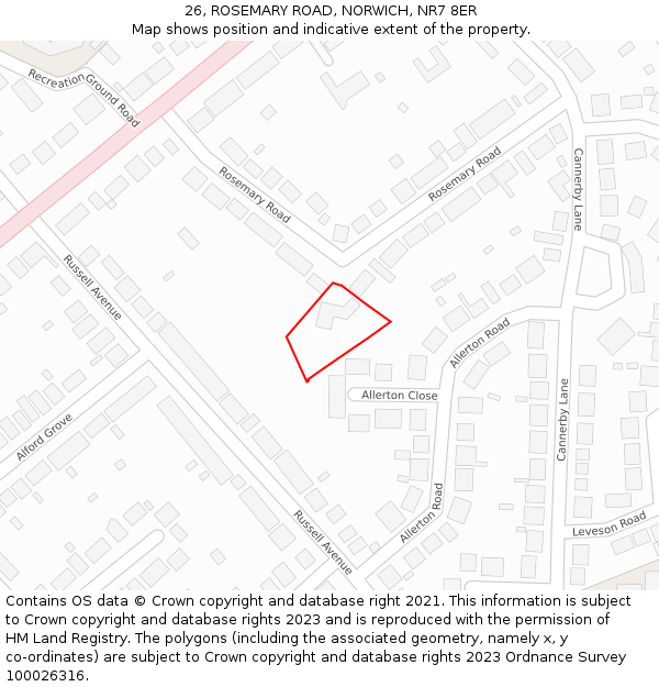 26, ROSEMARY ROAD, NORWICH, NR7 8ER: Location map and indicative extent of plot