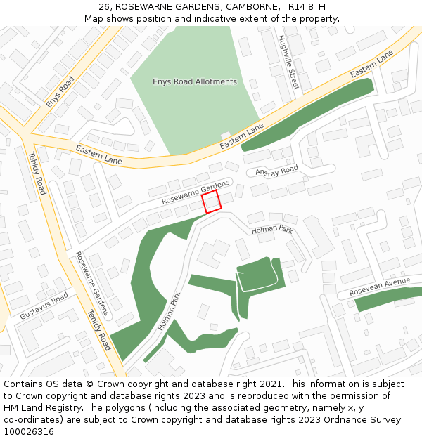 26, ROSEWARNE GARDENS, CAMBORNE, TR14 8TH: Location map and indicative extent of plot