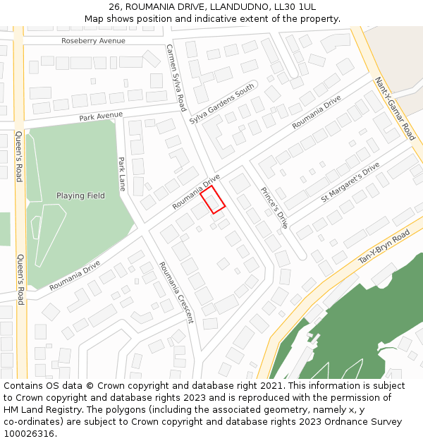 26, ROUMANIA DRIVE, LLANDUDNO, LL30 1UL: Location map and indicative extent of plot