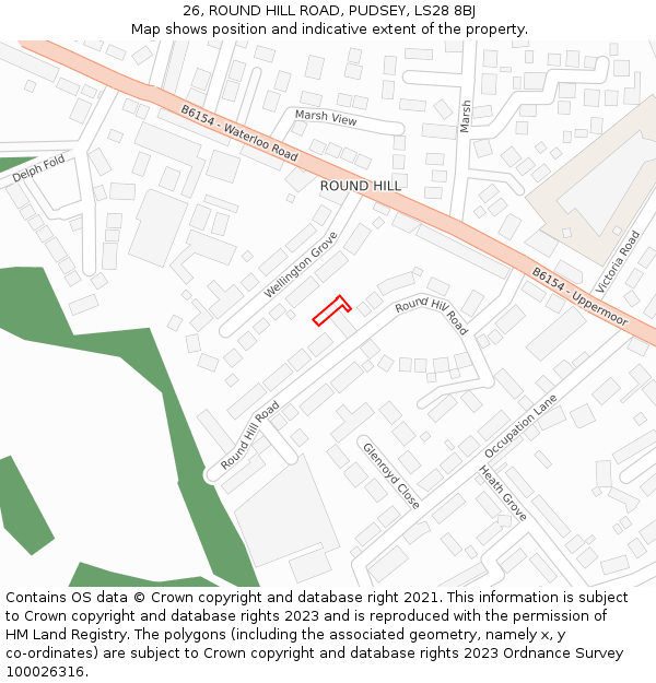 26, ROUND HILL ROAD, PUDSEY, LS28 8BJ: Location map and indicative extent of plot