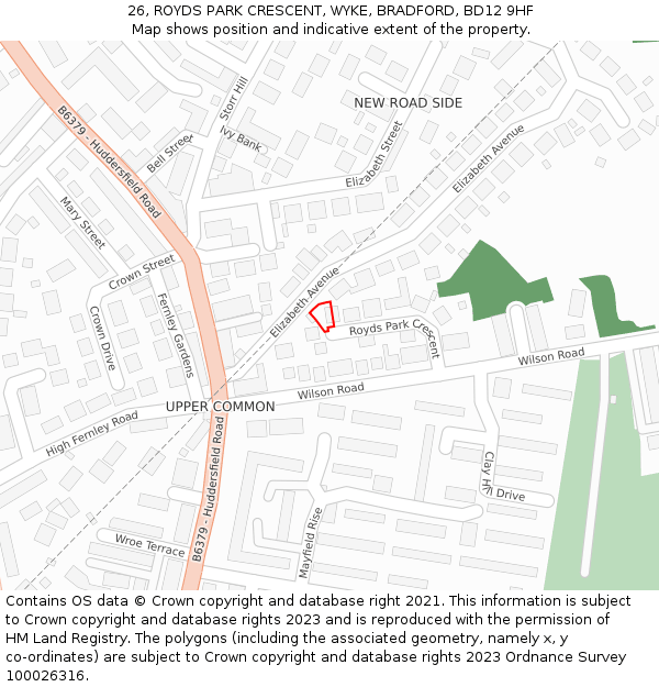 26, ROYDS PARK CRESCENT, WYKE, BRADFORD, BD12 9HF: Location map and indicative extent of plot