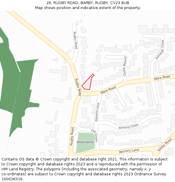 26, RUGBY ROAD, BARBY, RUGBY, CV23 8UB: Location map and indicative extent of plot