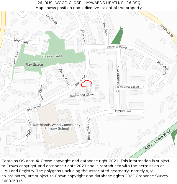 26, RUSHWOOD CLOSE, HAYWARDS HEATH, RH16 3SQ: Location map and indicative extent of plot