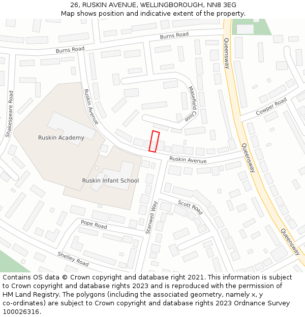 26, RUSKIN AVENUE, WELLINGBOROUGH, NN8 3EG: Location map and indicative extent of plot
