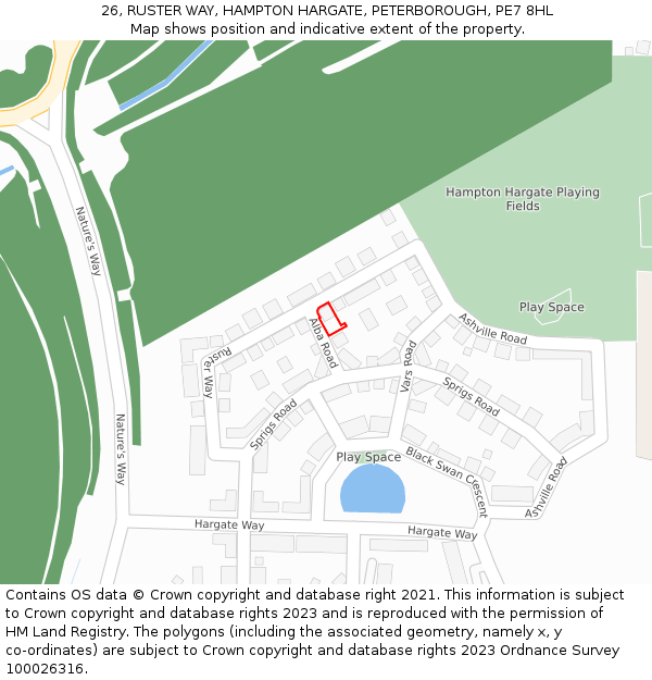 26, RUSTER WAY, HAMPTON HARGATE, PETERBOROUGH, PE7 8HL: Location map and indicative extent of plot