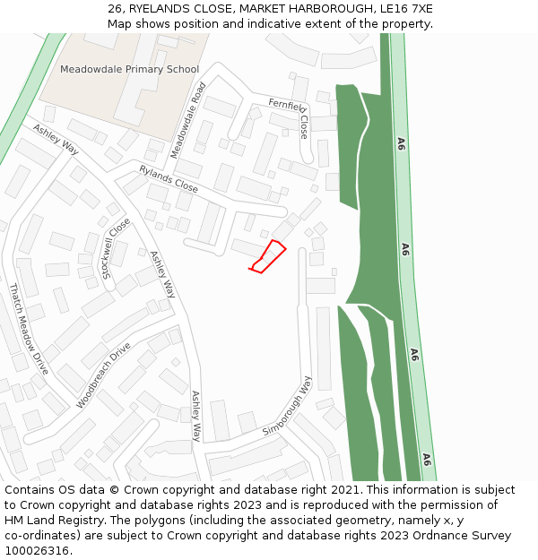 26, RYELANDS CLOSE, MARKET HARBOROUGH, LE16 7XE: Location map and indicative extent of plot