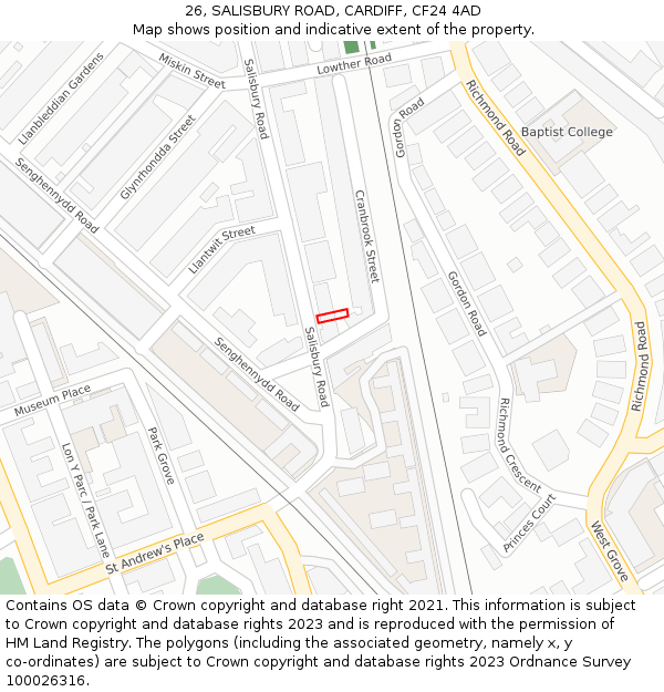 26, SALISBURY ROAD, CARDIFF, CF24 4AD: Location map and indicative extent of plot