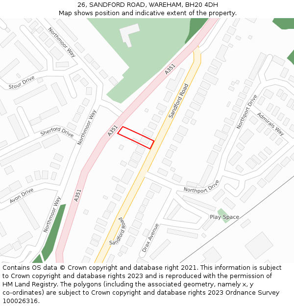 26, SANDFORD ROAD, WAREHAM, BH20 4DH: Location map and indicative extent of plot