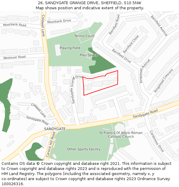 26, SANDYGATE GRANGE DRIVE, SHEFFIELD, S10 5NW: Location map and indicative extent of plot