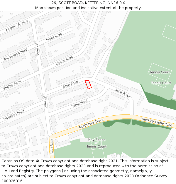 26, SCOTT ROAD, KETTERING, NN16 9JX: Location map and indicative extent of plot