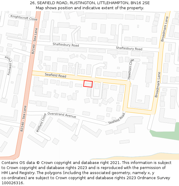 26, SEAFIELD ROAD, RUSTINGTON, LITTLEHAMPTON, BN16 2SE: Location map and indicative extent of plot
