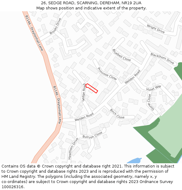 26, SEDGE ROAD, SCARNING, DEREHAM, NR19 2UA: Location map and indicative extent of plot